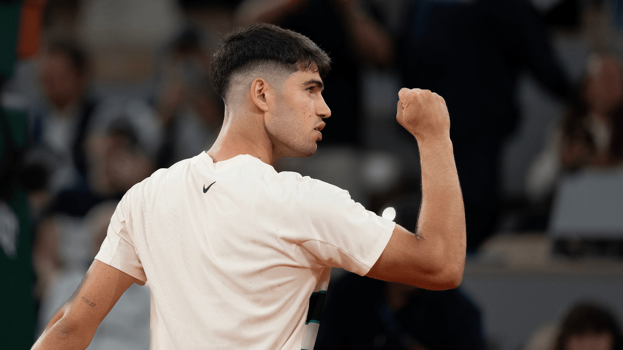 May 28, 2025; Paris, FR; Carlos Alcaraz of Spain, a favorite to win the 2026 US Open, celebrates winning his match against Fabian Marozsan of Hungary on day four at Roland Garros Stadium. Mandatory Credit: Susan Mullane-Imagn Images