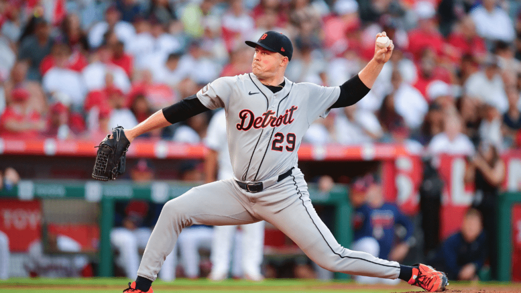 Jul 18, 2026; Anaheim, California, USA; Detroit Tigers pitcher Tarik Skubal (29) throws against the Los Angeles Angels during the first inning at Angel Stadium. Mandatory Credit: Gary A. Vasquez-Imagn Images. Dodgers.