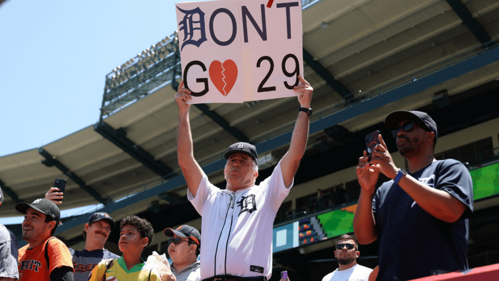 Jul 19, 2026; Anaheim, California, USA; A Detroit Tigers fan holds a sign urging pitcher Tarik Skubal (29) to remain with the team before the MLB game against the Los Angeles Angels at Angel Stadium. at Angel Stadium. Mandatory Credit: Kiyoshi Mio-Imagn Images. Dodgers.