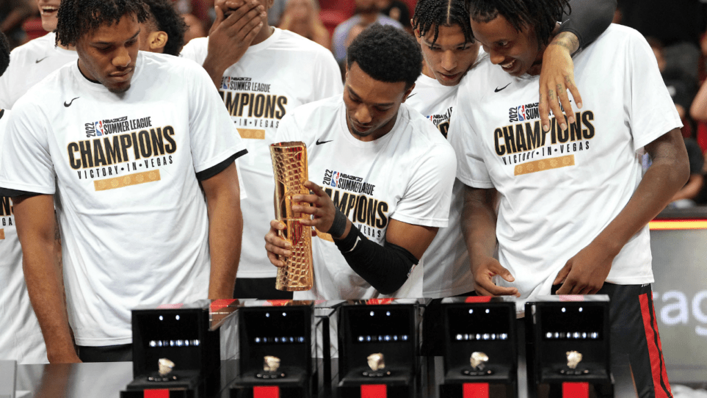 Jul 17, 2022; Las Vegas, NV, USA; Portland Trail Blazers players look at the NBA Summer League Championship trophy after defeating the New York Knicks 85-77 at Thomas & Mack Center. Mandatory Credit: Stephen R. Sylvanie-USA TODAY Sports