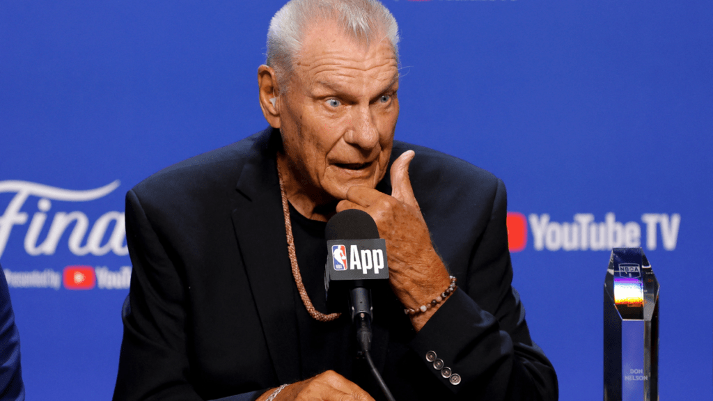 Jun 8, 2025; Oklahoma City, Oklahoma, USA; former general manager Don Nelson speaks to the media before game two between the Oklahoma City Thunder and the Indiana Pacers in the 2025 NBA Finals at Paycom Center. Mandatory Credit: Alonzo Adams-Imagn Images