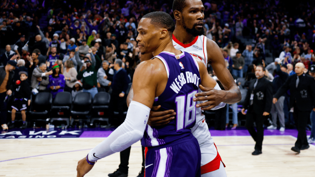 Dec 21, 2025; Sacramento, California, USA; Houston Rockets forward Kevin Durant (7) and Sacramento Kings guard Russell Westbrook (18) hug after the game at Golden 1 Center. Mandatory Credit: Sergio Estrada-Imagn Images. Kevin Durant.