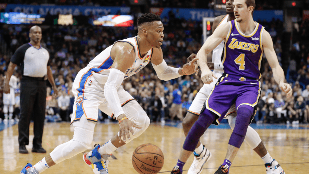 Apr 2, 2019; Oklahoma City, OK, USA; Oklahoma City Thunder guard Russell Westbrook (0) drives to the basket around Los Angeles Lakers guard Alex Caruso (4) during the second half at Chesapeake Energy Arena. Oklahoma City won 119-103. Mandatory Credit: Alonzo Adams-USA TODAY Sports. Tracy Mcgrady.