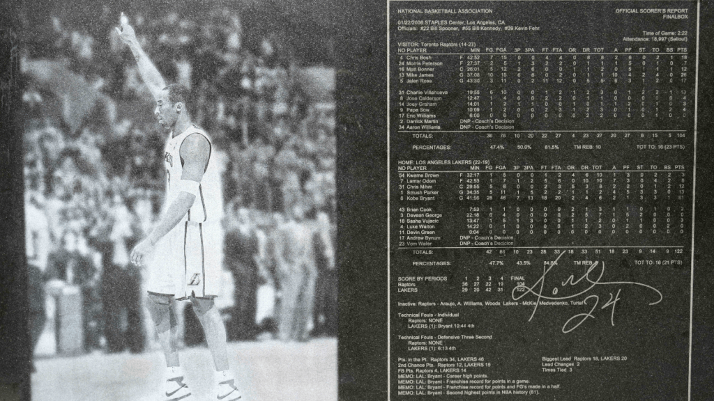 Mar 18, 2024; Los Angeles, California, USA; A detailed view of the box score of Kobe Bryant's 81-point game against the Toronto Raptors on Jan. 22, 2006 at the statue of the former Los Angeles Lakers guard at Crypto.com Arena. Mandatory Credit: Kirby Lee-USA TODAY Sports. Tracy McGrady. 