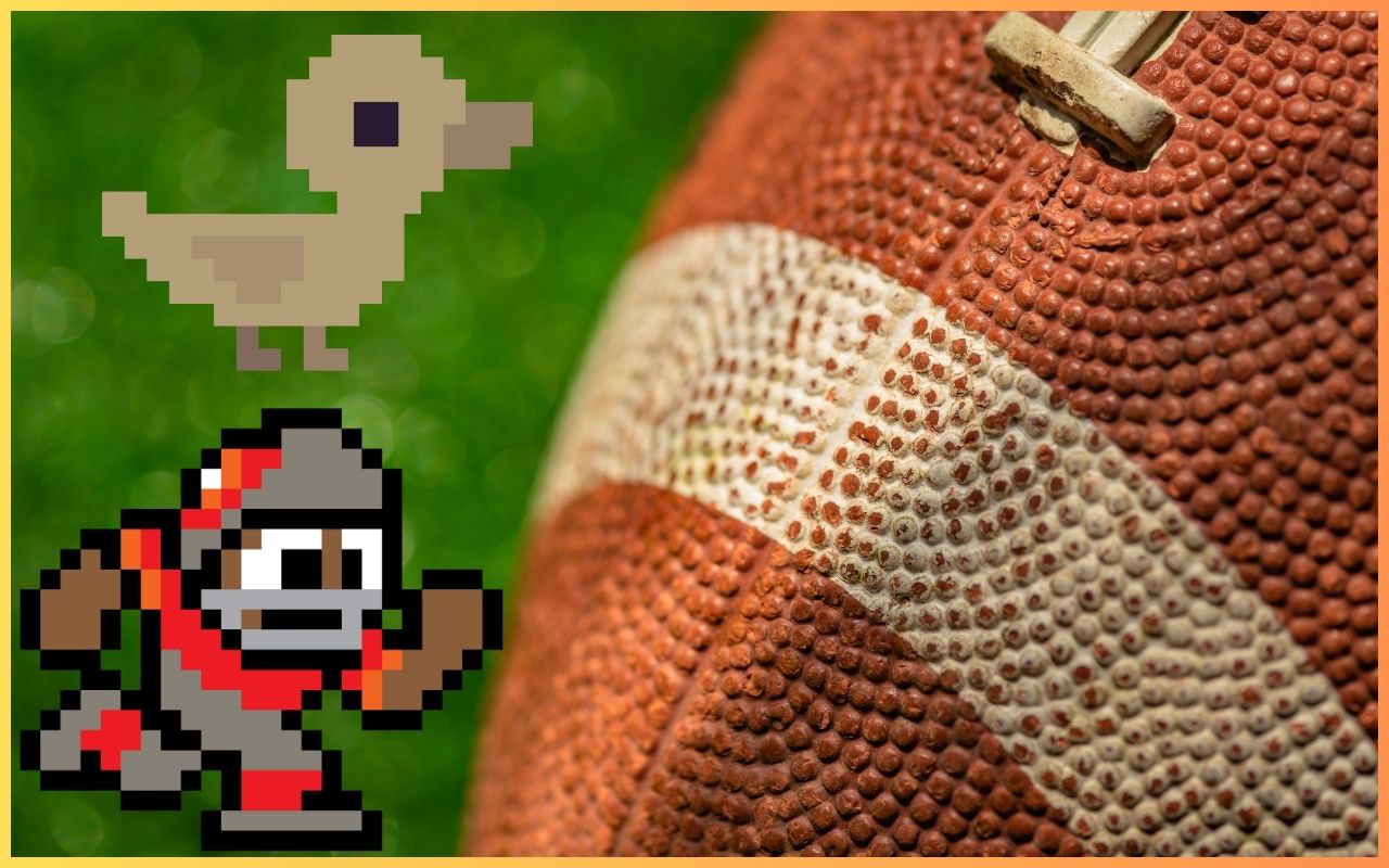 Pixelated duck and football player overlay on a close-up of a football on the field.