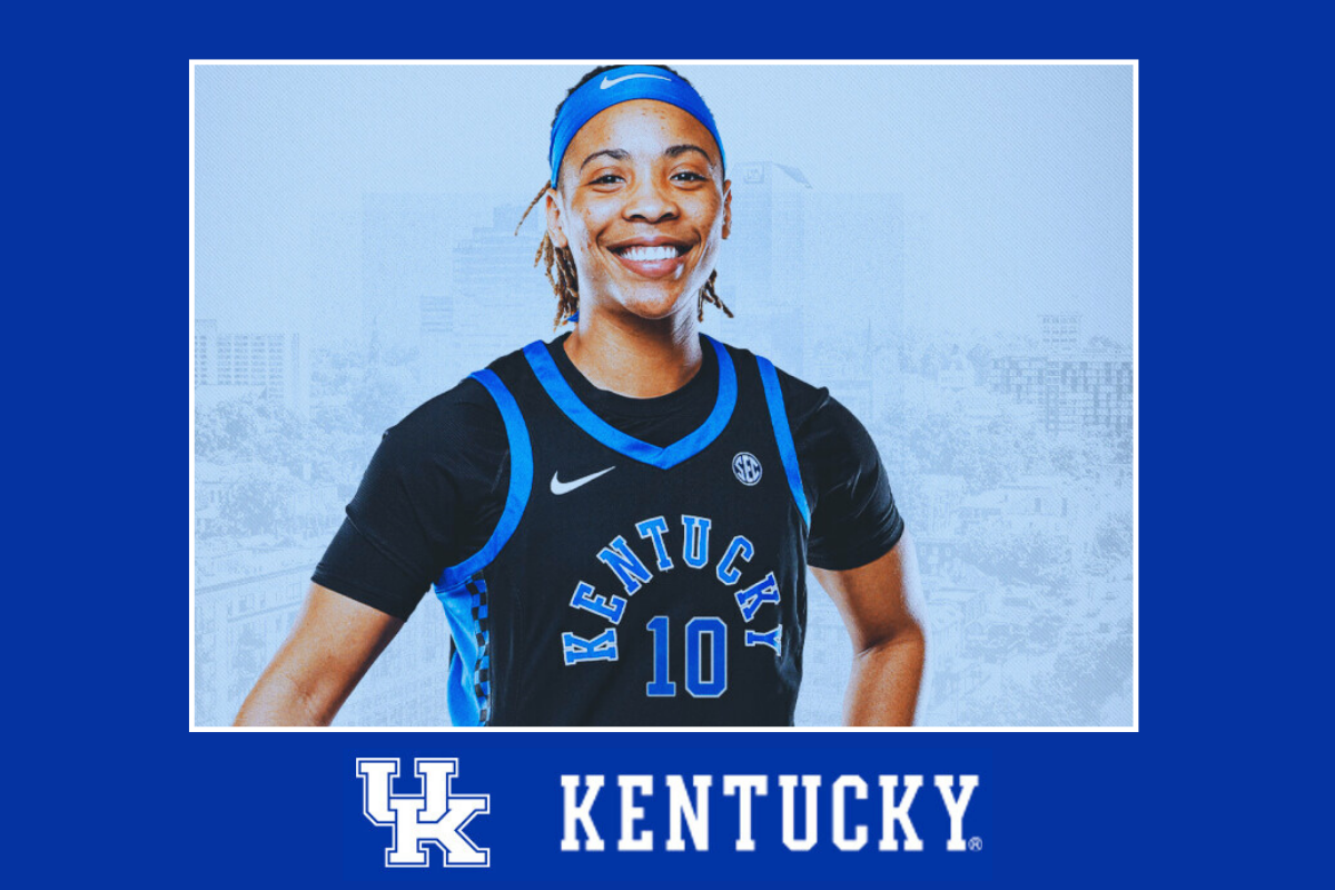 A University of Kentucky women's basketball player wearing a black jersey with "Kentucky" and the number 10, smiling confidently. The background features a faded cityscape, with the Kentucky Wildcats logo and text at the bottom.