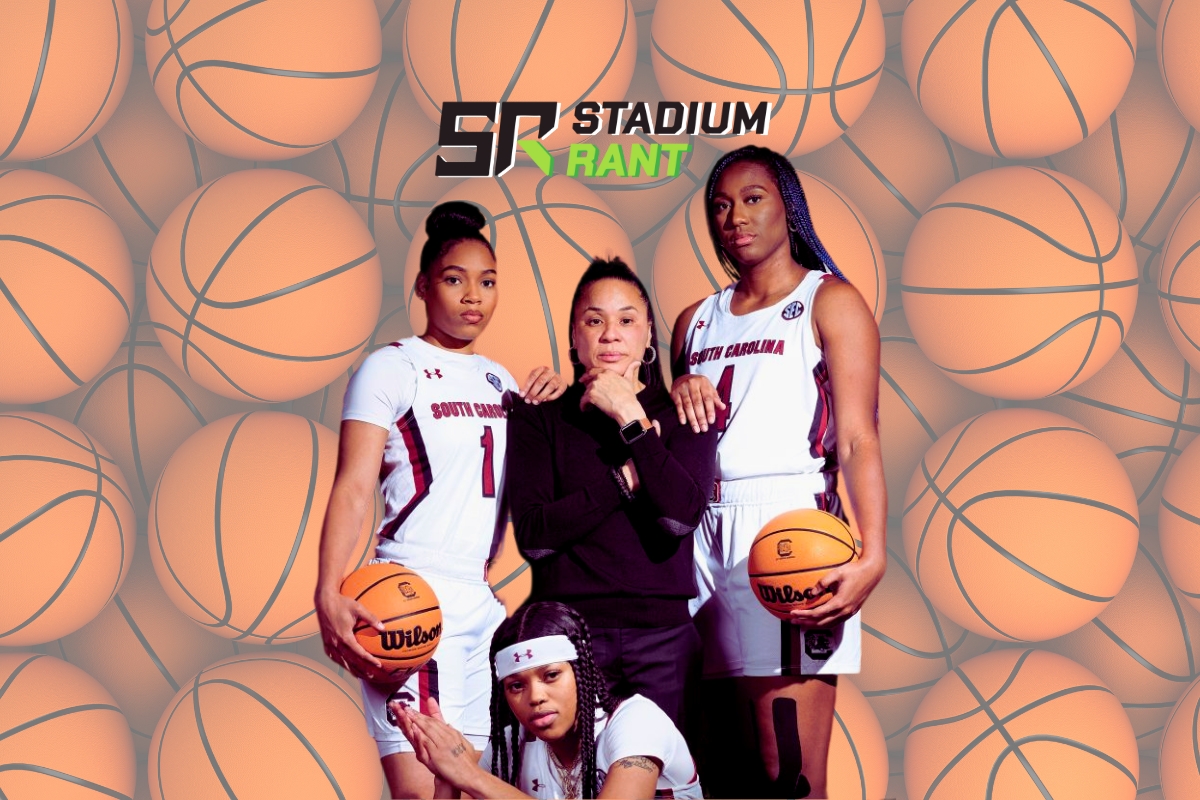 South Carolina women's basketball players and Coach Staley posing with basketballs in front of a patterned background.