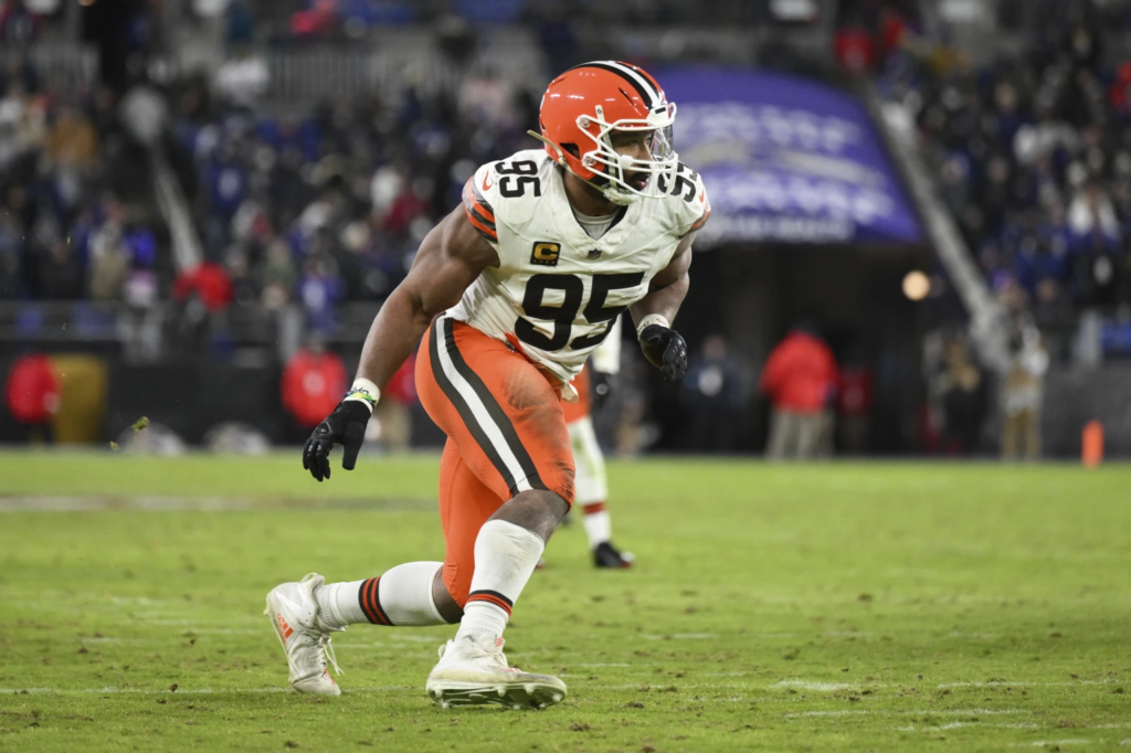 Cleveland Browns defensive end Myles Garrett (95) in action during an NFL football game against the Baltimore Ravens, Jan. 4 2025, in Baltimore.