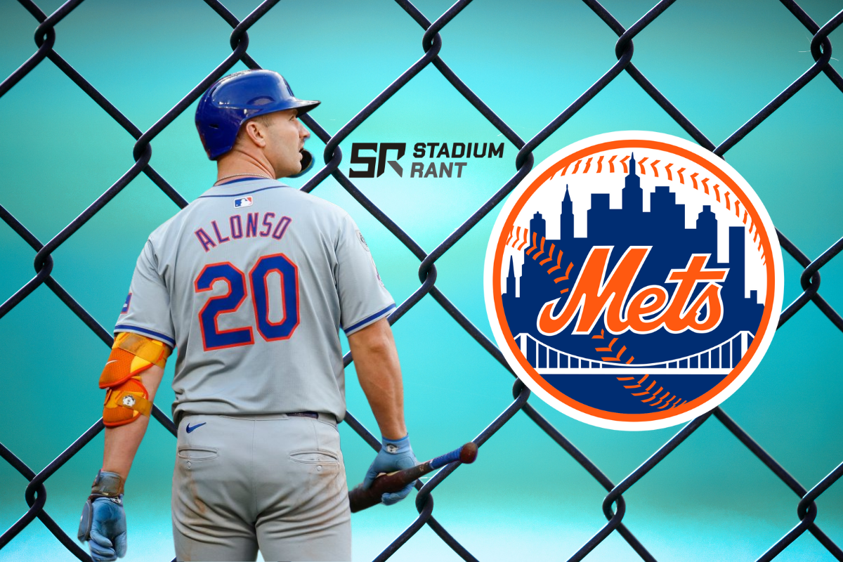 New York Mets player Pete Alonso, wearing jersey number 20, stands at the plate with a bat, facing a chain-link fence. The Stadium Rant logo and Mets logo are featured prominently on a teal gradient background.