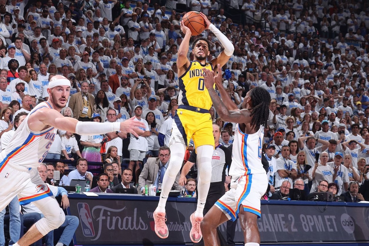 Tyrese Haliburton hits the go-ahead jumper with 0.3 seconds remaining in Game 1 of the NBA Finals on Thursday night.