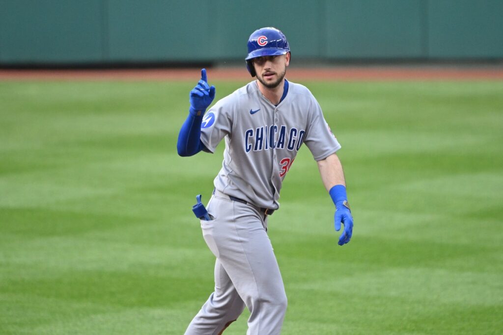Chicago Cubs right fielder Kyle Tucker (30) reacts after hitting a double during the first inning against the Washington Nationals at Nationals Park