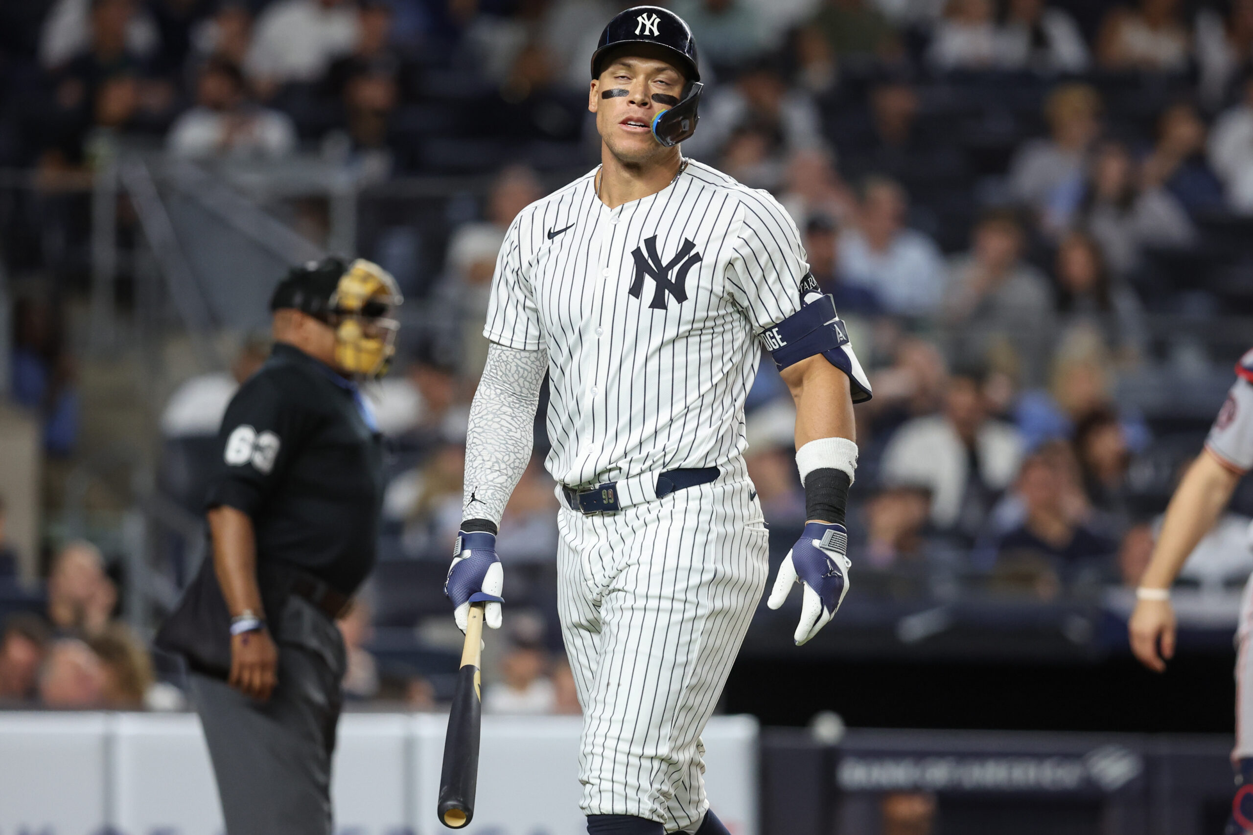 Aug 26, 2025; Bronx, New York, USA; New York Yankees designated hitter Aaron Judge (99) reacts after striking out in the seventh inning against the Washington Nationals at Yankee Stadium. Mandatory Credit: Wendell Cruz-Imagn Images
