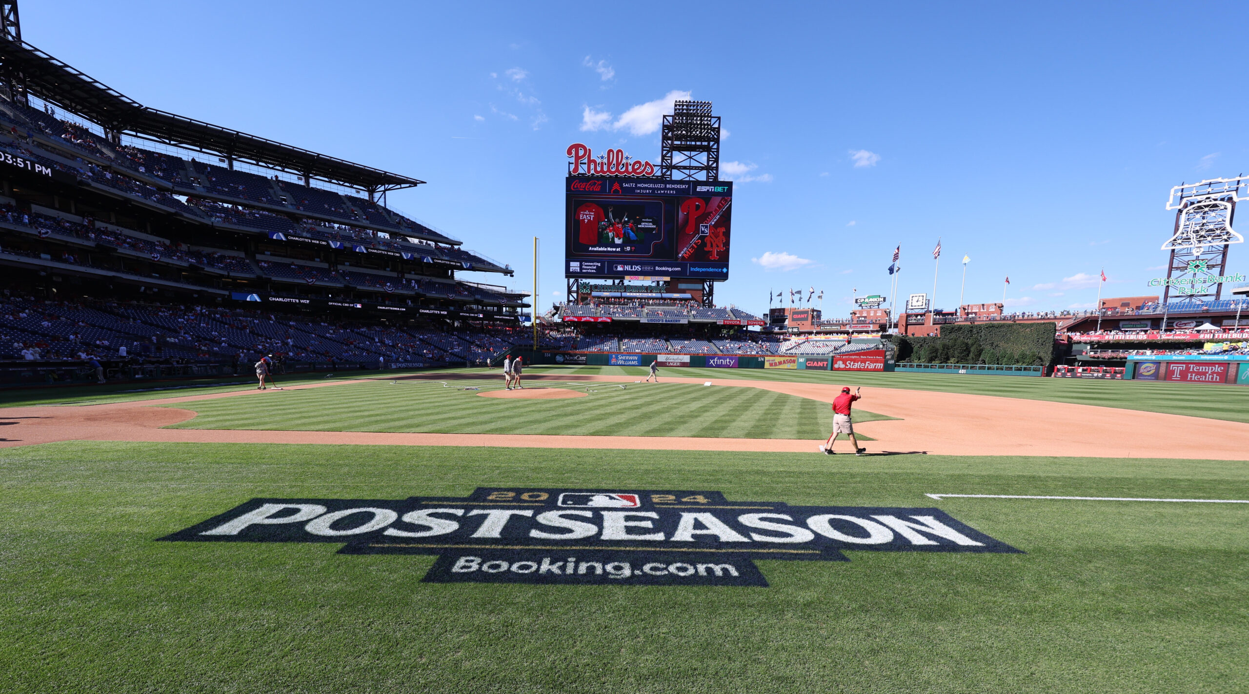 Oct 5, 2024; Philadelphia, PA, USA; A general view of the postseason logo on the field before game one of the NLDS for the 2024 MLB Playoffs between the New York Mets and Philadelphia Phillies at Citizens Bank Park. Mandatory Credit: Bill Streicher-Imagn Images