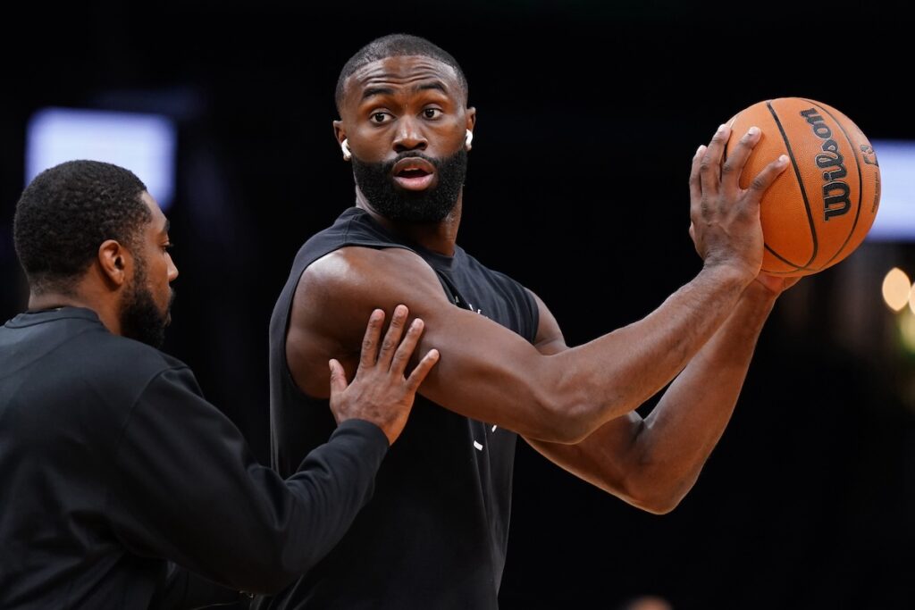 Jaylen Brown warming up