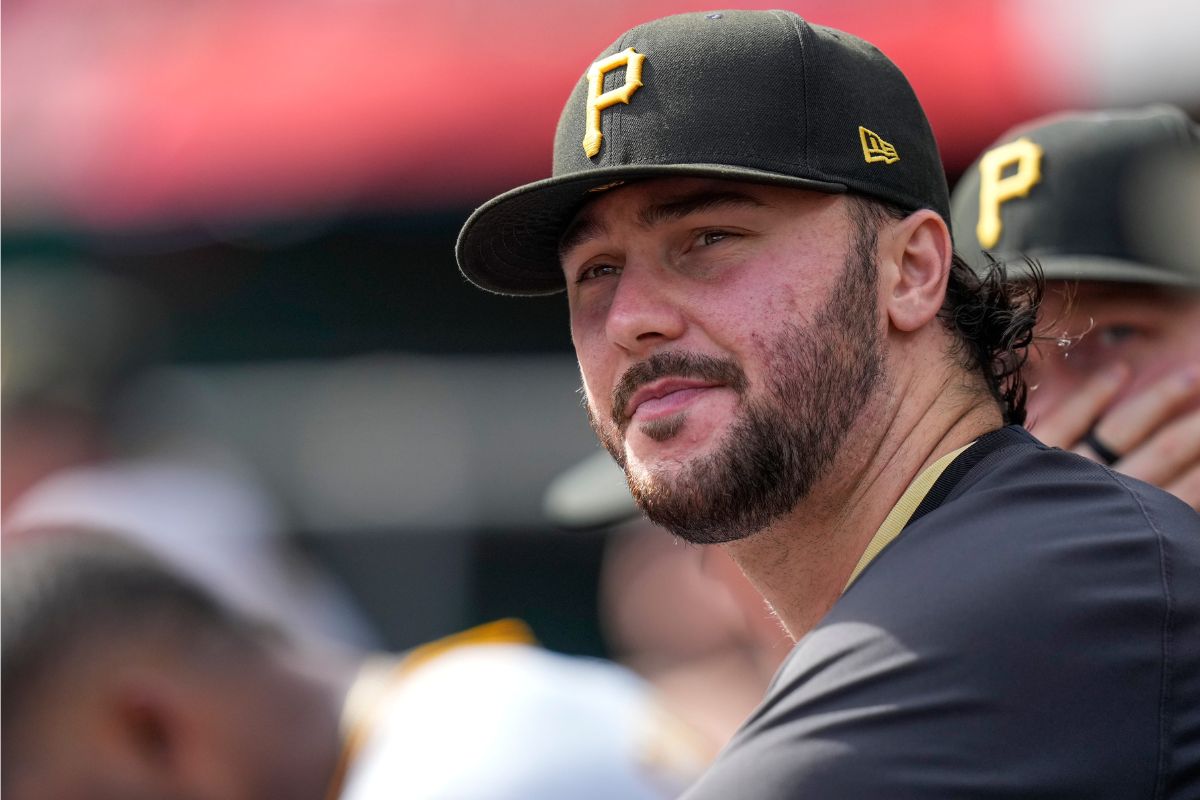 Pittsburgh Pirates starting pitcher Paul Skenes (30) watches from the dugout in the sixth inning of the MLB National League game between the Cincinnati Reds and the Pittsburgh Pirates at Great American Ball Park in downtown Cincinnati on Thursday, Sept. 25, 2025. The Reds won, 2-1.