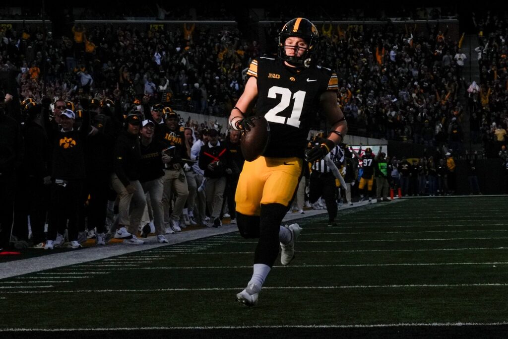Iowa Hawkeyes wide receiver Kaden Wetjen (21) returns a punt to the endzone against the Michigan State Spartans Nov. 22, 2025, at Kinnick Stadium in Iowa City, Iowa.