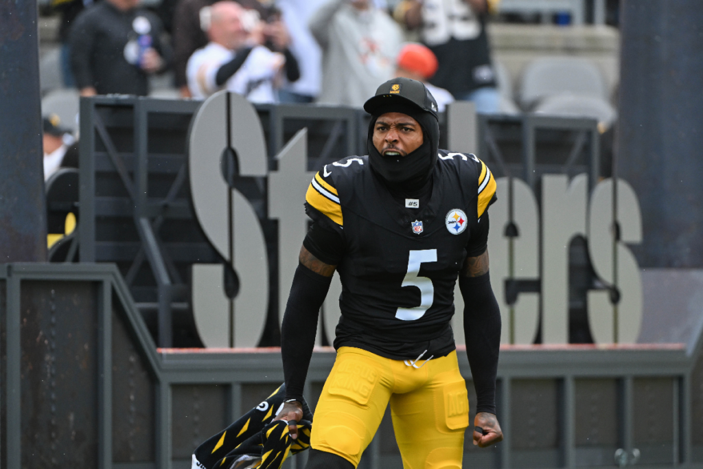 Oct 12, 2025; Pittsburgh, Pennsylvania, USA; Pittsburgh Steelers cornerback Jalen Ramsey (5) takes the field for a game against the Cleveland Browns at Acrisure Stadium. Mandatory Credit: Barry Reeger-Imagn Images
