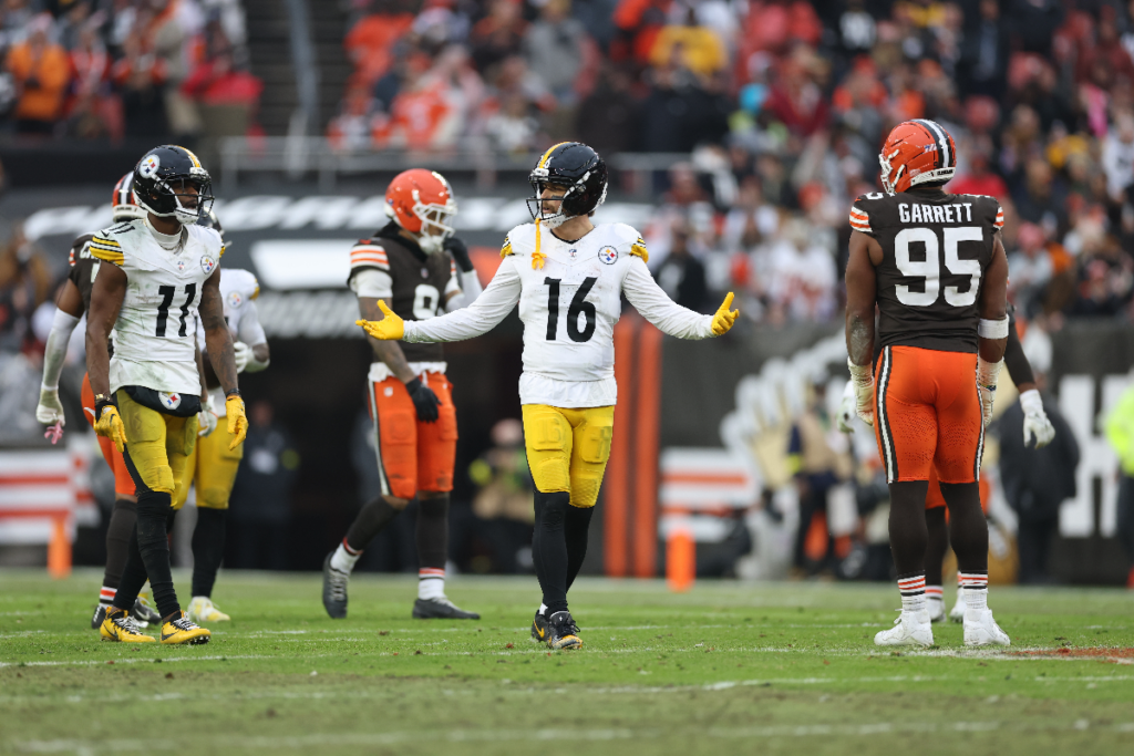 Dec 28, 2025; Cleveland, Ohio, USA; Pittsburgh Steelers wide receiver Adam Thielen (16) reacts in the fourth quarter against the Cleveland Browns at Huntington Bank Field. Mandatory Credit: Scott Galvin-Imagn Images