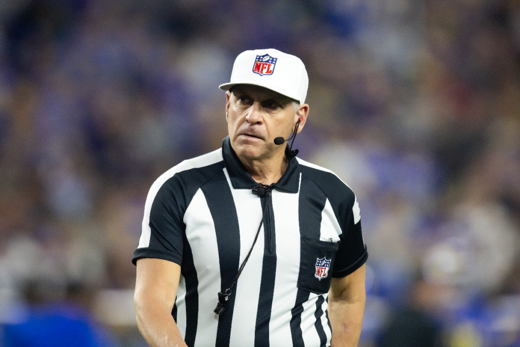 Jan 13, 2025; Glendale, AZ, USA; NFL referee John Hussey during the Minnesota Vikings game against the Los Angeles Rams during an NFC wild card game at State Farm Stadium. Mandatory Credit: Mark J. Rebilas-Imagn Images