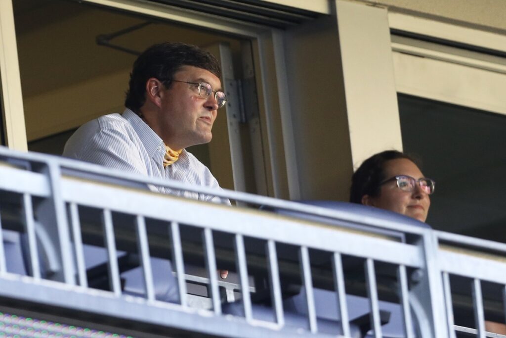 Pittsburgh Pirates principal owner Robert Nutting (left) watches from the owners box as the Pirates play the Detroit Tigers during the eighth inning at PNC Park. Detroit won 11-5.
