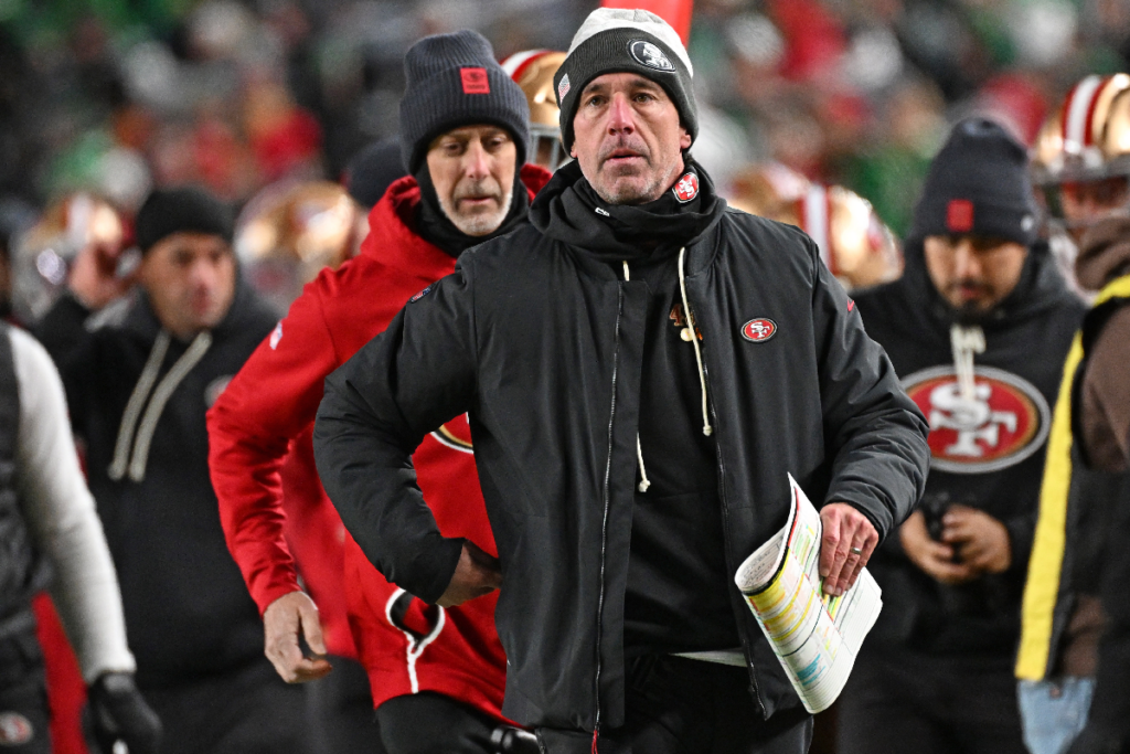 Jan 11, 2026; Philadelphia, PA, USA; San Francisco 49ers head coach Kyle Shanahan against the Philadelphia Eagles in an NFC Wild Card Round game at Lincoln Financial Field. Mandatory Credit: Eric Hartline-Imagn Images