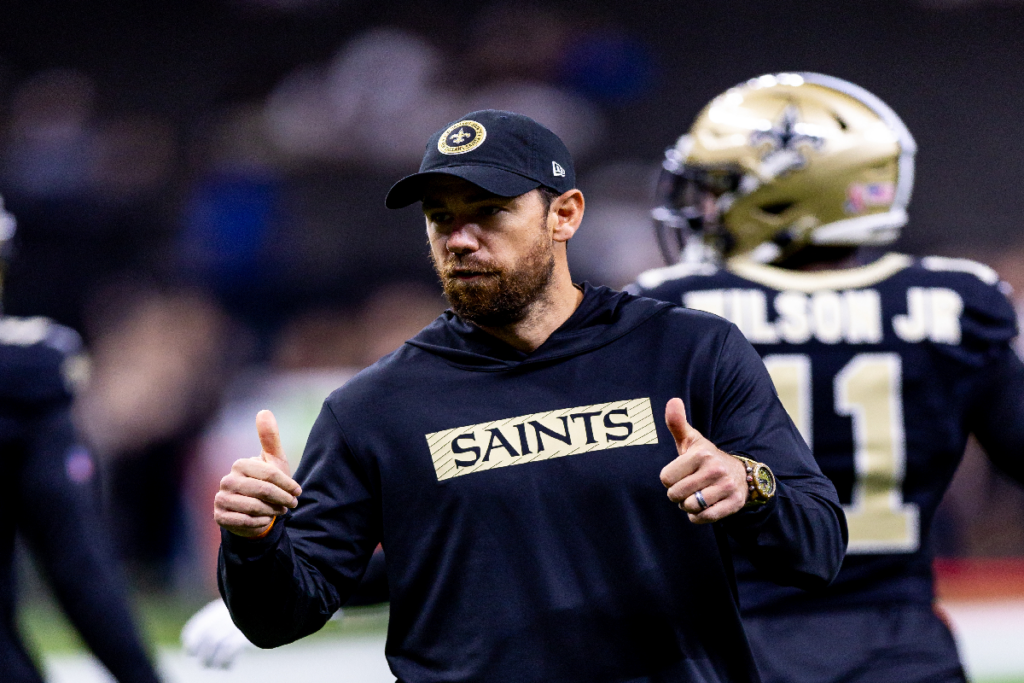 Sep 8, 2024; New Orleans, Louisiana, USA; New Orleans Saints offensive coordinator Klint Kubiak reacts against the Carolina Panthers during the pregame at Caesars Superdome. Mandatory Credit: Stephen Lew-Imagn Images