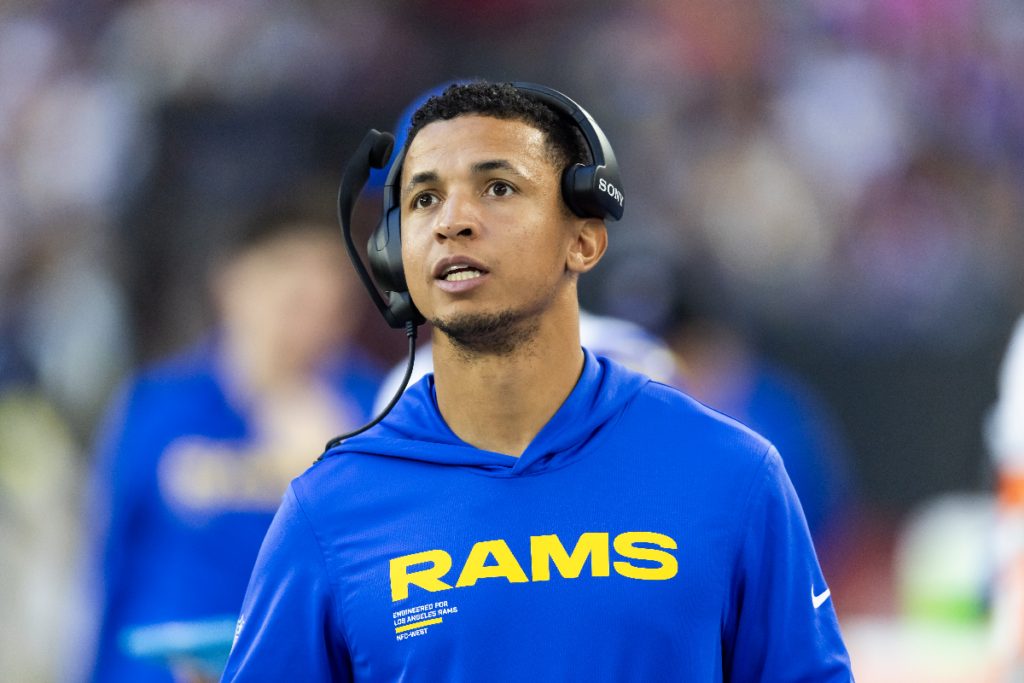 Dec 7, 2025; Glendale, Arizona, USA; Los Angeles Rams pass game coordinator Nate Scheelhaase against the Arizona Cardinals at State Farm Stadium. Mandatory Credit: Mark J. Rebilas-Imagn Images
