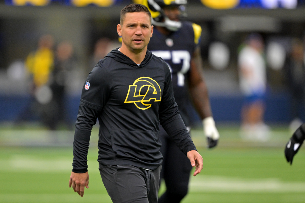 Nov 16, 2025; Inglewood, California, USA; Los Angeles Rams defensive coordinator Chris Shula on the field prior to the game against the Seattle Seahawks at SoFi Stadium. Mandatory Credit: Jayne Kamin-Oncea-Imagn Images