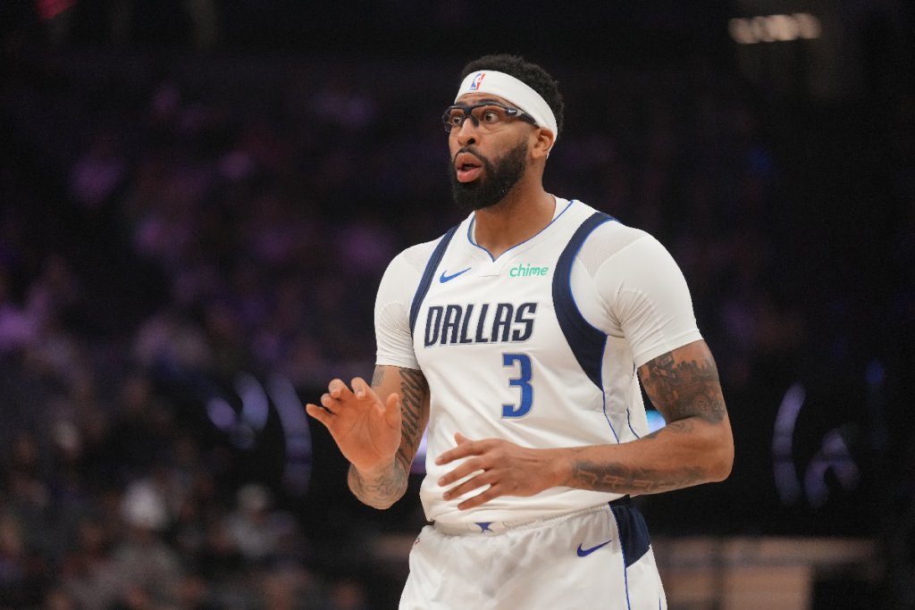 Jan 6, 2026; Sacramento, California, USA; Dallas Mavericks forward Anthony Davis (3) reacts after being fouled against the Sacramento Kings in the first quarter at the Golden 1 Center. Mandatory Credit: Cary Edmondson-Imagn Images
