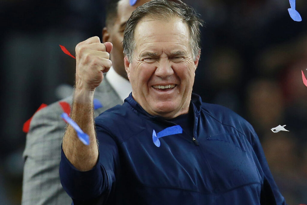 Bill Belichick celebrates his fifth Super Bowl victory as a head coach