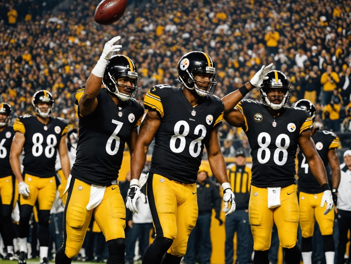 A dynamic and intense scene capturing the essence of a pivotal NFL playoff game between the Pittsburgh Steelers and the Houston Texans. The image should feature a packed stadium under the bright lights of Monday Night Football, with fans wearing Steelers jerseys, waving towels, and showing their support. In the foreground, highlight key players like Steelers quarterback Aaron Rodgers and Texans quarterback CJ Stroud, both in action poses, showcasing determination and focus. The background should include the iconic Steelers logo and a scoreboard displaying the game details, with a cold, wintry atmosphere to emphasize the playoff stakes. The overall mood should convey excitement, urgency, and the thrill of competition.
