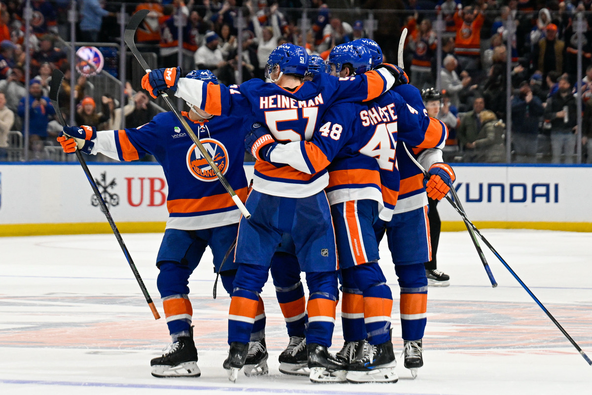 The Islanders celebrate a goal at home.