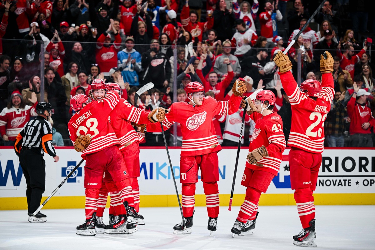 The Detroit Red Wings celebrate at home.