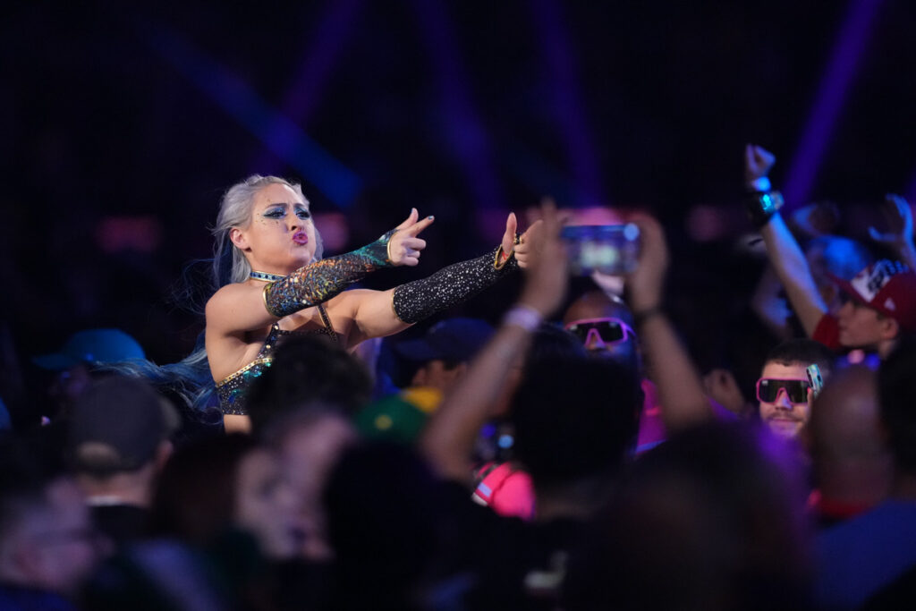 Feb 1, 2025; Indianapolis, IN, USA; Giulia during the Women’s Royal Rumble during the WWE Royal Rumble at Lucas Oil Stadium. Mandatory Credit: Joe Camporeale-Imagn Images