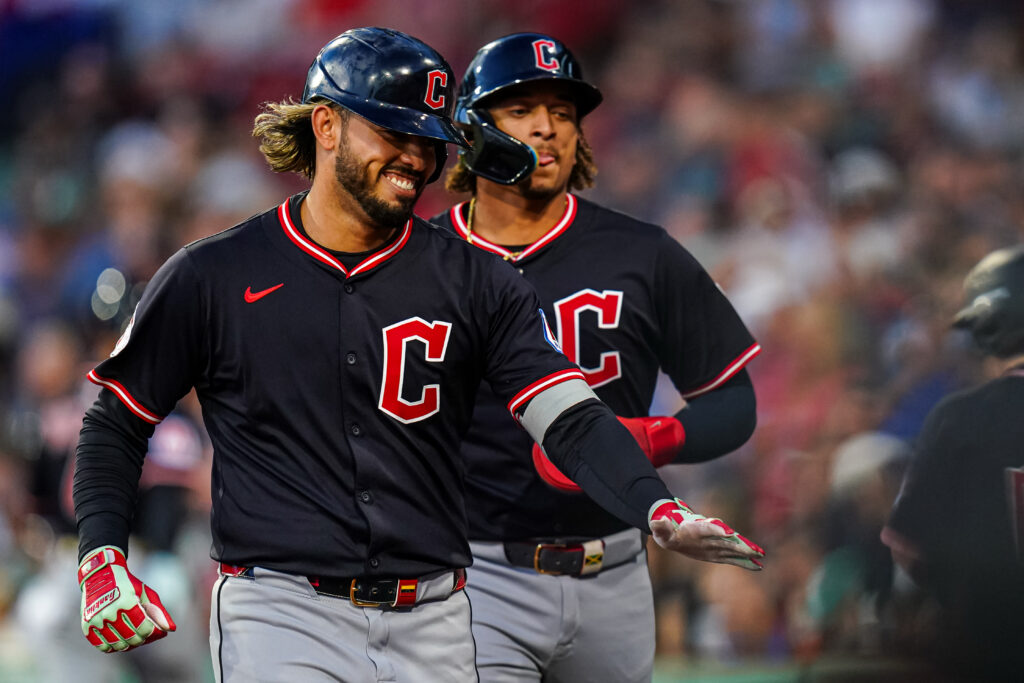 The Guardians' Gabriel Arias celebrates after hitting a home run