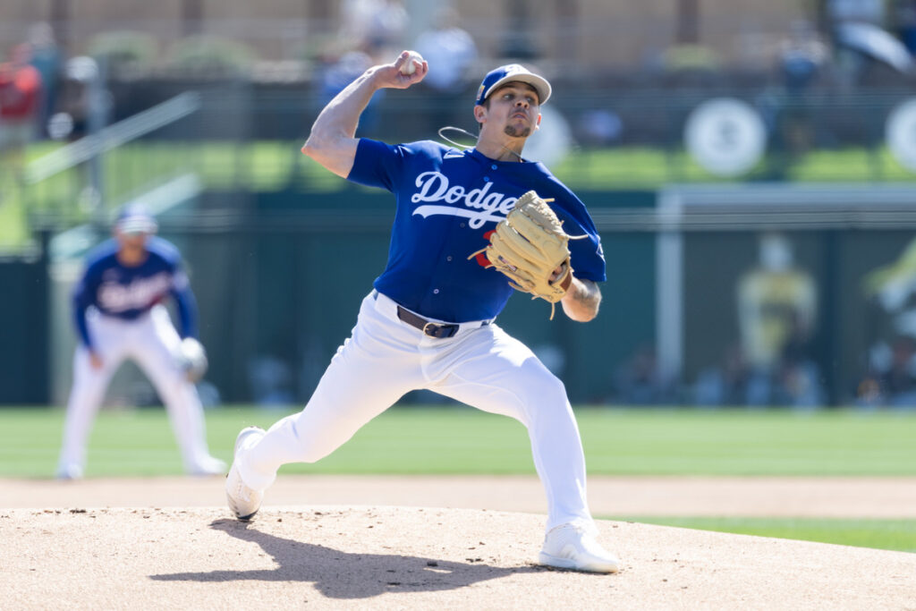 Gavin Stone pitches for the Los Angeles Dodgers against the Cleveland Guardians.