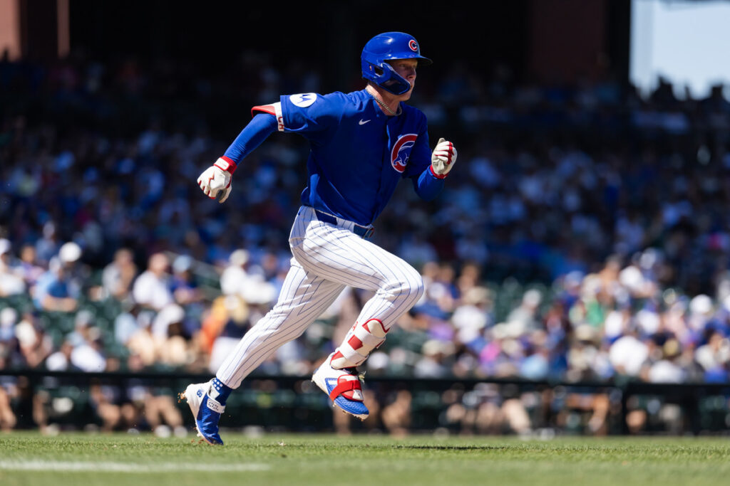 Pete Crow-Armstrong runs the bases for the Cubs during Spring Training.