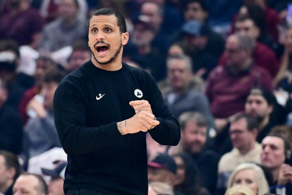 Mar 8, 2026; Cleveland, Ohio, USA; Boston Celtics head coach Joe Mazzulla reacts during the first quarter against the Cleveland Cavaliers at Rocket Arena. Mandatory Credit: Ken Blaze-Imagn Images