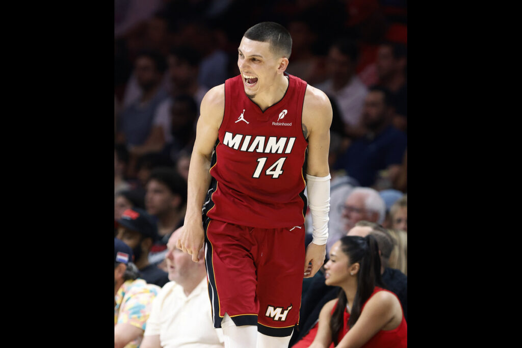 Mar 8, 2026; Miami, Florida, USA; Miami Heat guard Tyler Herro (14) reacts against the Detroit Pistons during the second half at Kaseya Center. Mandatory Credit: Rhona Wise-Imagn Images