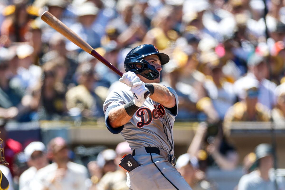Mar 26, 2026; San Diego, California, USA; Detroit Tigers third baseman Kevin McGonigle (7) hits a double during the third inning against the San Diego Padres at Petco Park on Opening Day. Mandatory Credit: David Frerker-Imagn Images