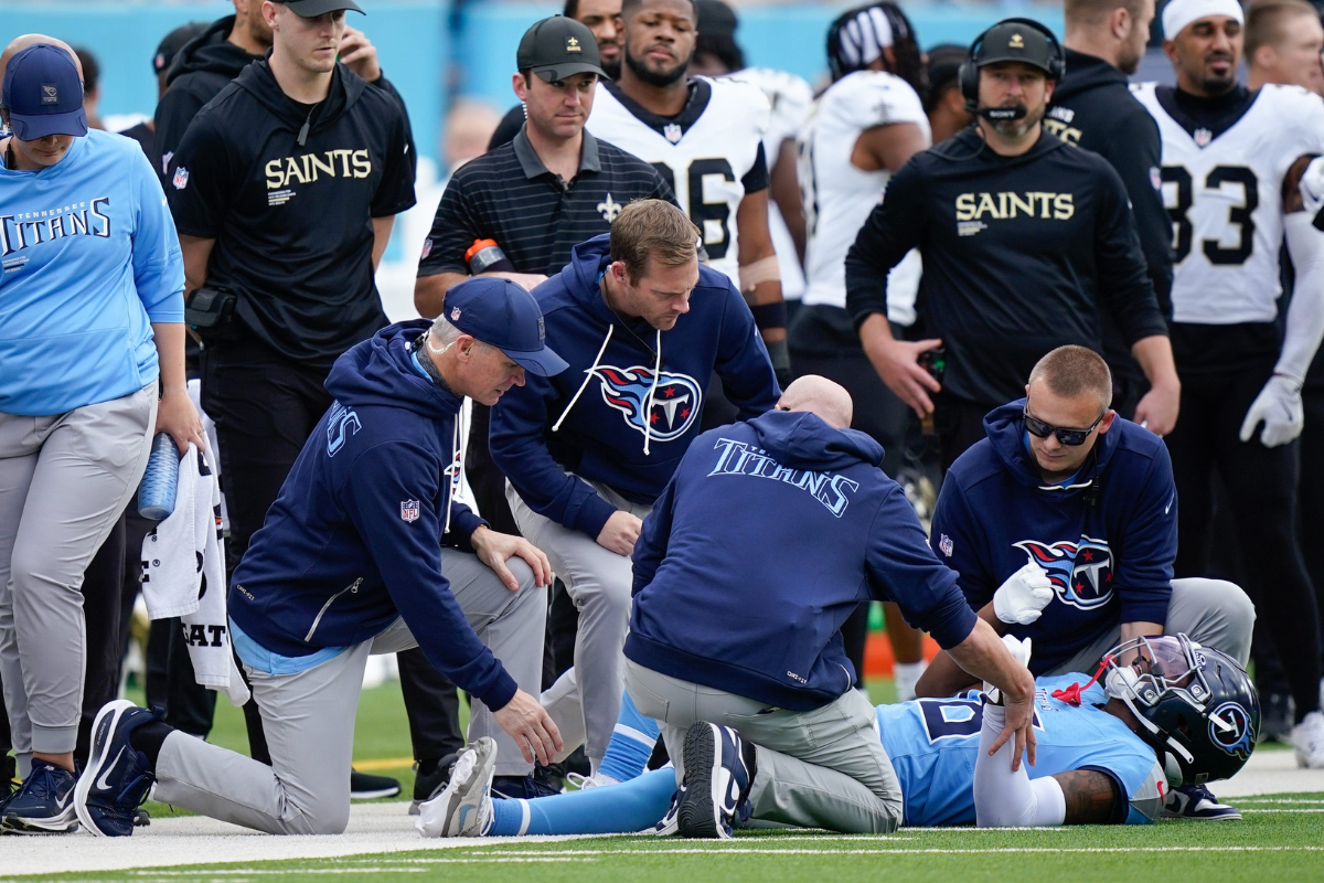 While CTE can not be evaluated mid game. In this image a Tennessee Titan is being evaluated for a possible head injury.