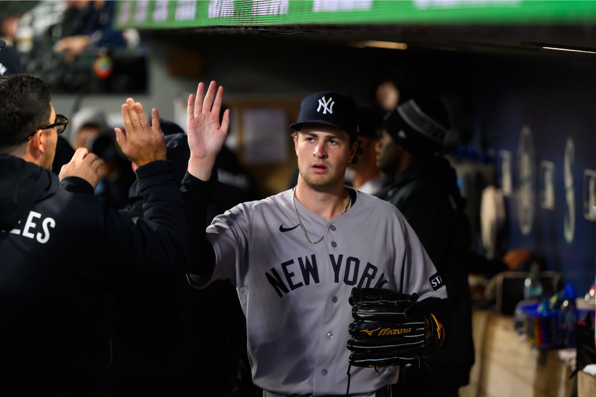 Apr 1, 2026; Seattle, Washington, USA; New York Yankees starting pitcher Cam Schlittler (31) in the dugout after being pulled from the game during the seventh inning against the Seattle Mariners at T-Mobile Park. Mandatory Credit: Steven Bisig-Imagn Images