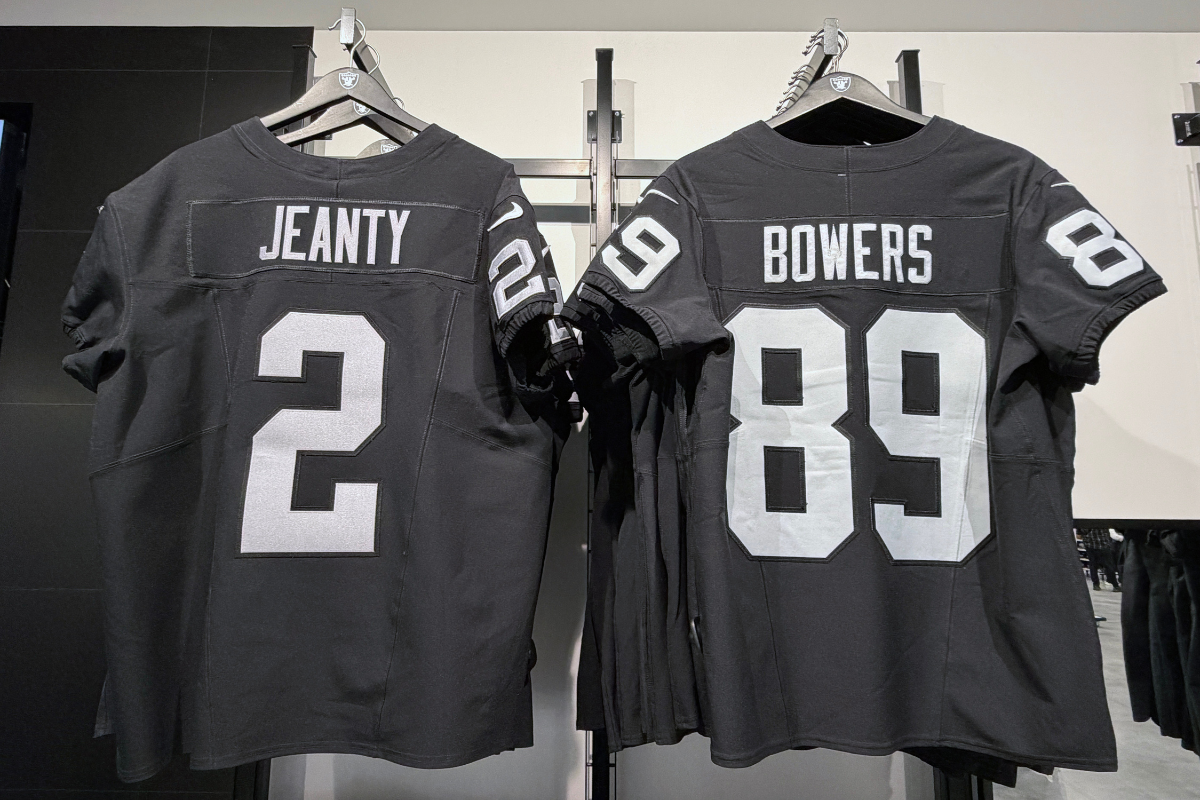 Feb 10, 2026; Las Vegas, NV, USA; The jerseys of Las Vegas Raiders running back Ashton Jeanty (2) and tight end Brock Bowers (89) at the Raider Image store at Allegiant Stadium. Mandatory Credit: Kirby Lee-Imagn Images. Fans are embracing digital payments for things like merch.