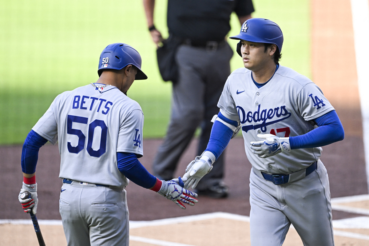 Dodgers players celebrate a home run.