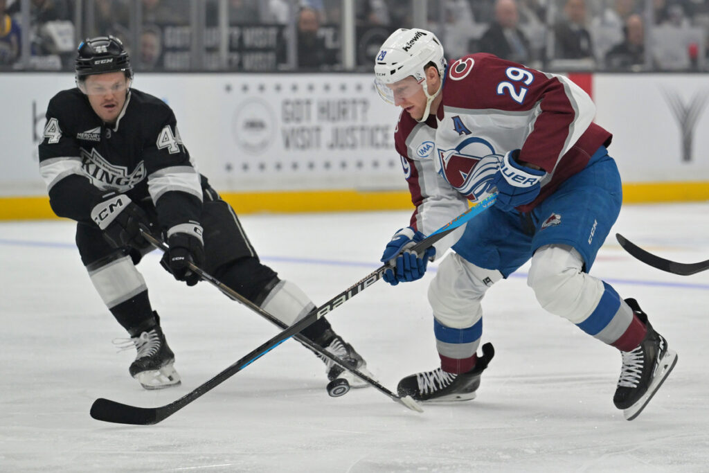 Nathan MacKinnon skates for the Avalanche before advancing to Round 2. 