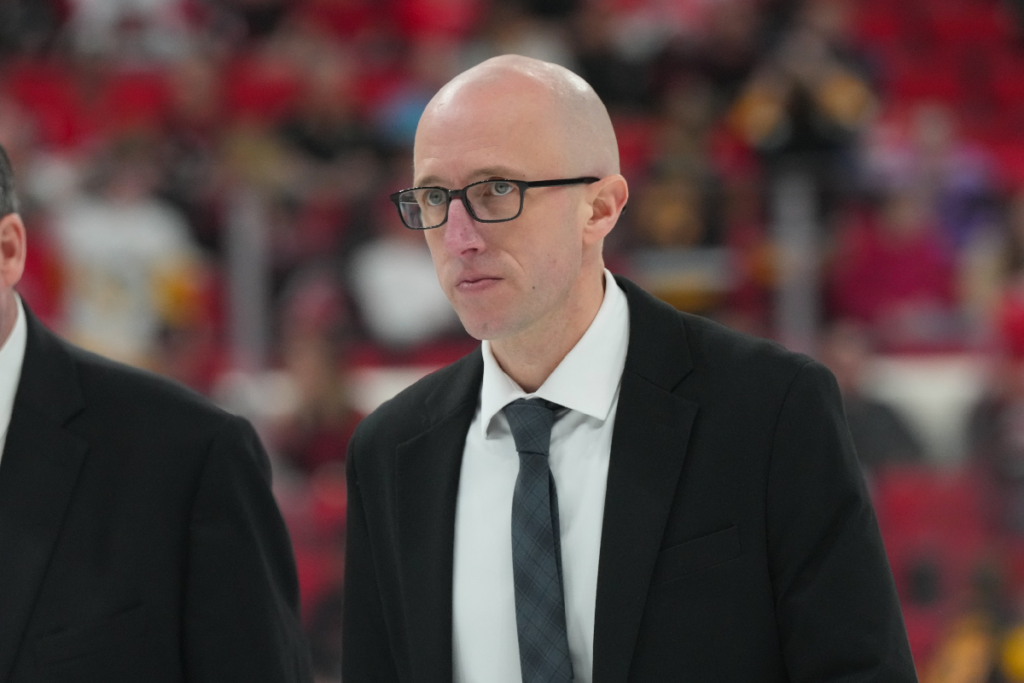 Mar 10, 2026; Raleigh, North Carolina, USA; Pittsburgh Penguins head coach Dan Muse walks off the ice after the first period against the Carolina Hurricanes at Lenovo Center. Mandatory Credit: James Guillory-Imagn Image