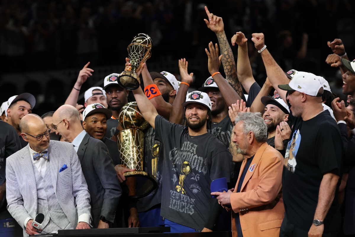 Jun 13, 2026; San Antonio, Texas, USA; New York Knicks guard Jalen Brunson holds the Finals MVP trophy during the championship celebration after game five of the 2026 NBA Finals against the San Antonio Spurs at Frost Bank Center. Knicks Championship Parade will be on June, 18. Mandatory Credit: Geoff Burke-Imagn Images