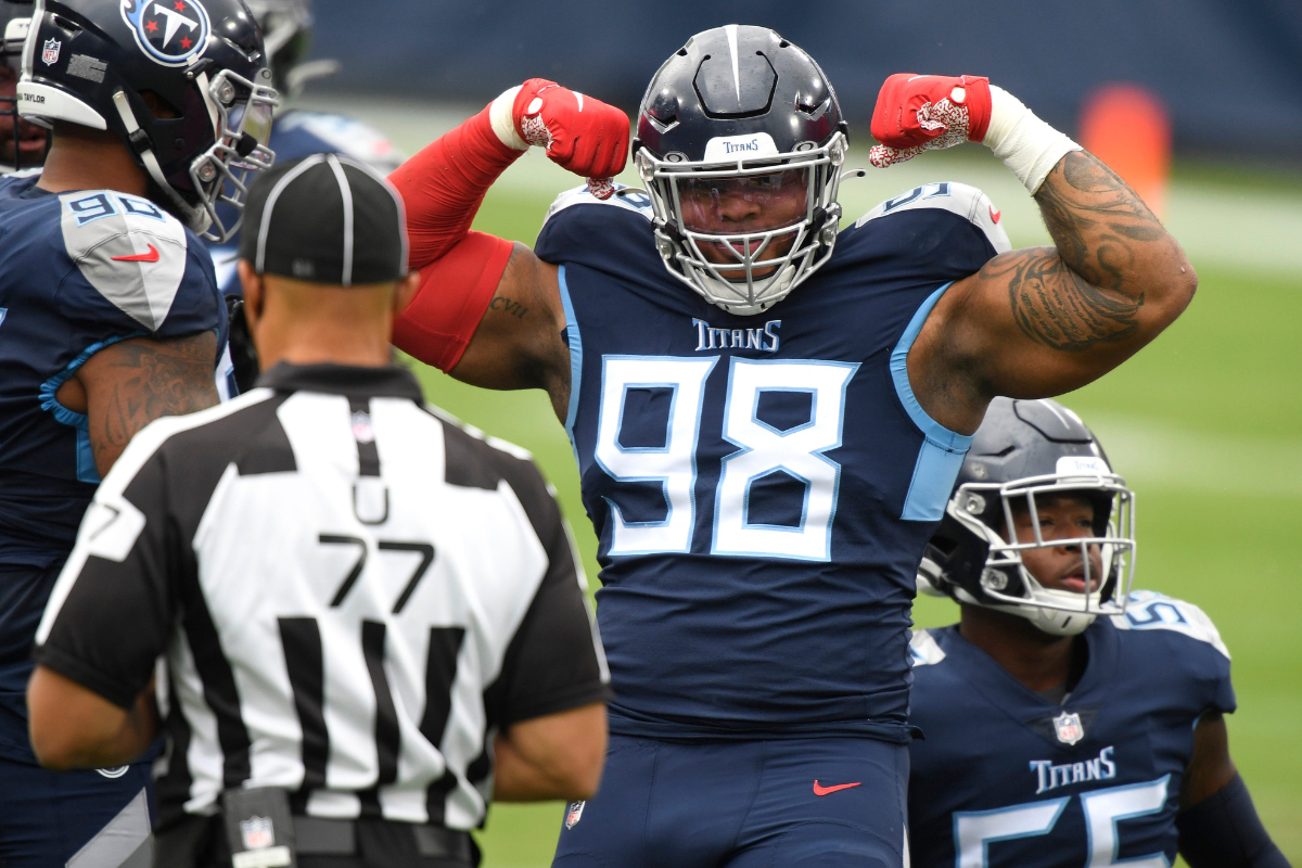 Tennessee Titans defensive tackle Jeffery Simmons (98) celebrates a tackle during the first quarter at Nissan Stadium Sunday, Oct. 18, 2020 in Nashville, Tenn. An52216