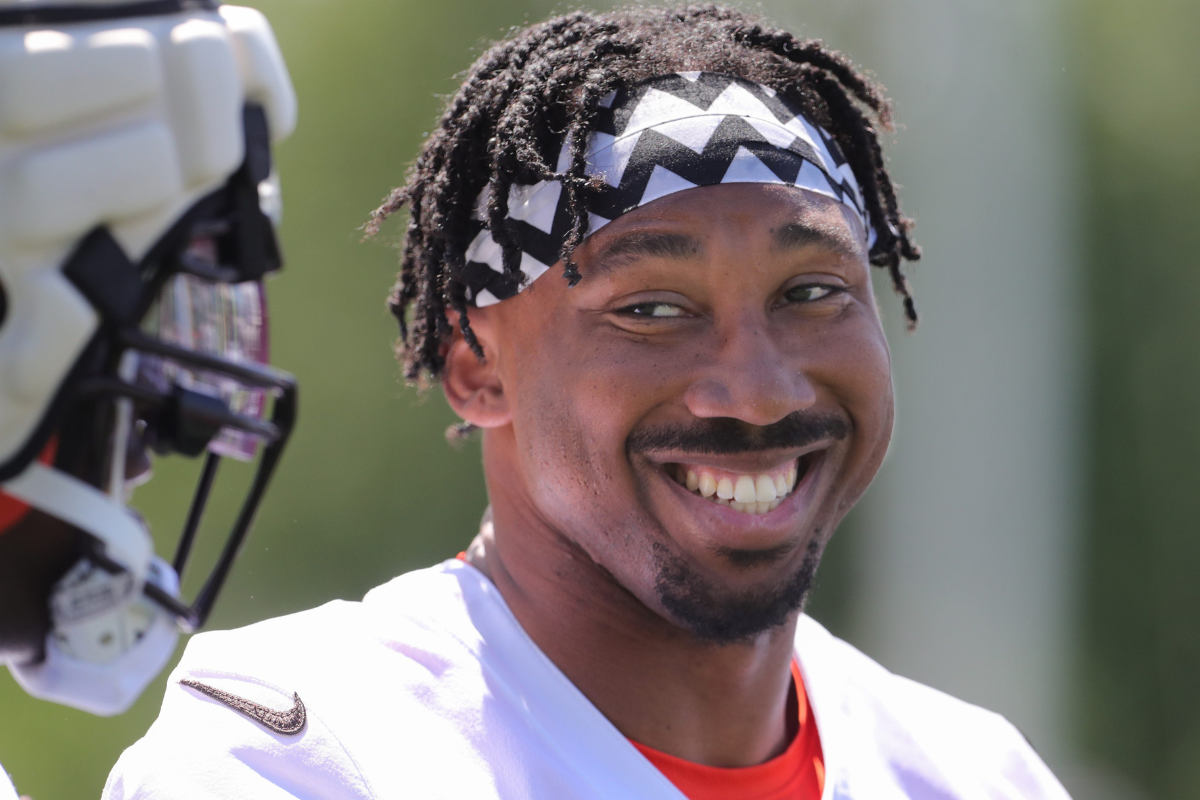 Cleveland Browns defensive end Myles Garrett flashes a smile during training camp on Friday, July 29, 2022 in Berea. Akr 7 29 Browns 21
