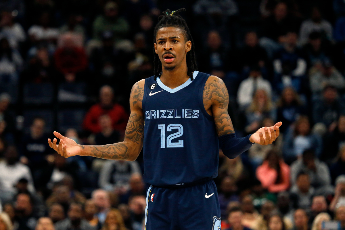 Nov 22, 2022; Memphis, Tennessee, USA; Memphis Grizzlies guard Ja Morant (12) reacts during the second half against the Sacramento Kings at FedExForum. Mandatory Credit: Petre Thomas-USA TODAY Sports